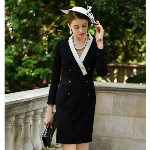 クラシカルパイピング入りVネックワンピース タイトワンピース 黒  