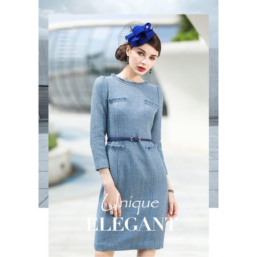 クラシカルツイードワンピース レディース 七分袖 ツイード素材 膝丈 ワンピース インポート 結婚式 披露宴 デート 秋冬 ライトブルー Adlmo Beauty First 通販 Yahoo ショッピング
