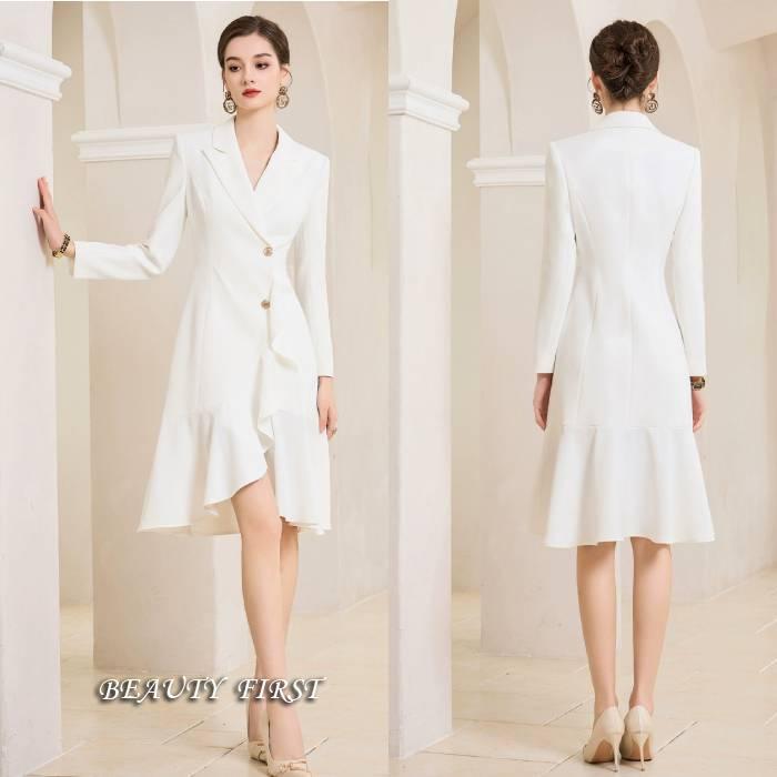 クラシカル裾フリルホワイトワンピース ドレス 長袖 白ホワイト  