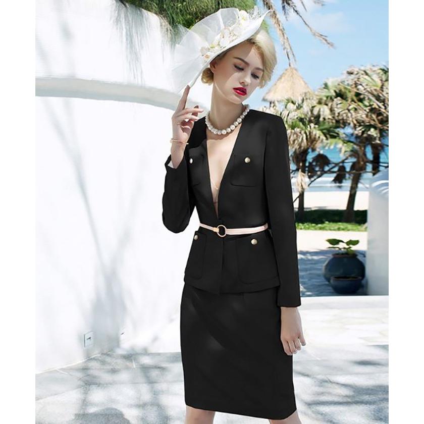 即納】クラシカル深Vネックスーツ 長袖 ジャケット タイトスカート  