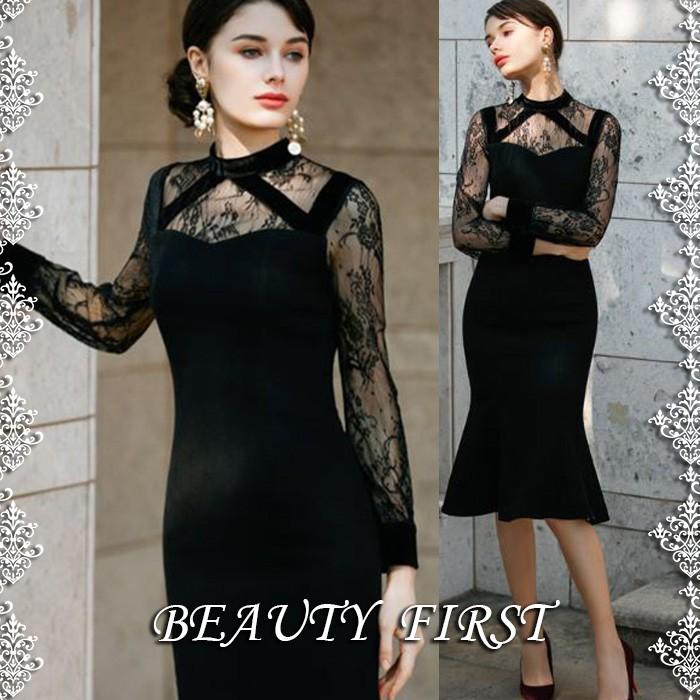 エッセンシャルズ ブラックレースワンピース 長袖 レース素材 透け感 海外セレブ系 マーメイドワンピース フレア お呼ばれ女子会 結婚式披露宴二次会パーティー 高品質 エレガント Adsre Beauty First 通販 Yahoo ショッピング 待望の再販 Www Skylanceronline Com