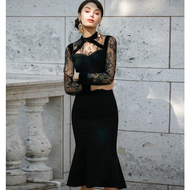 エッセンシャルズ ブラックレースワンピース 長袖 レース素材 透け感 海外セレブ系 マーメイドワンピース フレア お呼ばれ女子会 結婚式披露宴二次会パーティー 高品質 エレガント Adsre Beauty First 通販 Yahoo ショッピング 待望の再販 Www Skylanceronline Com