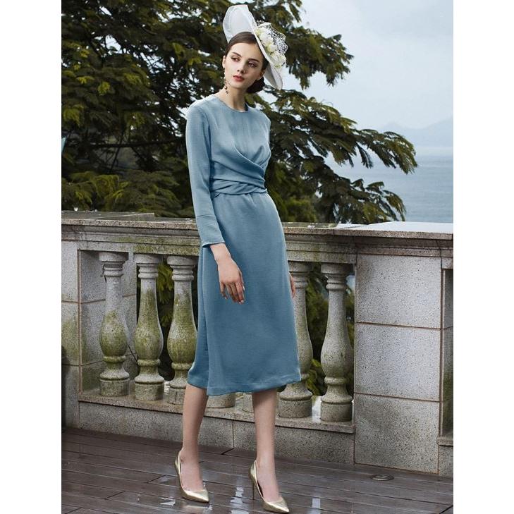 クラシカルバックリボン長袖ワンピース ライトブルー 膝下丈 ワンピース 長袖 レディース タイトワンピース 結婚式 披露宴 お祝い 高級感 上品 Aduur Beauty First 通販 Yahoo ショッピング