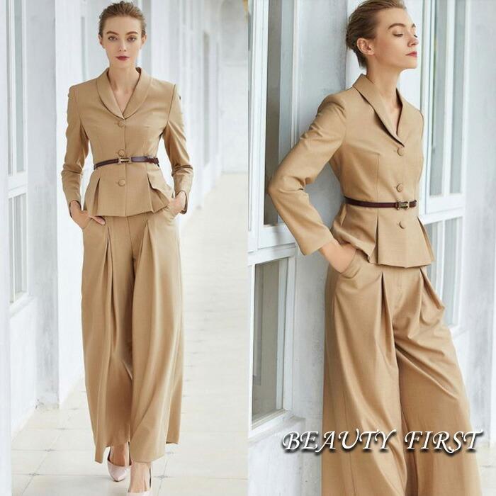 即納 最大半額 クラシカルワイドパンツスーツ レディース 長袖 ワイドパンツ 春秋冬 パンツスーツ ペプラムジャケット シンプル 大人 上品 高級感 仕事着 ライトブラウン系 高速配送 Frankies Al