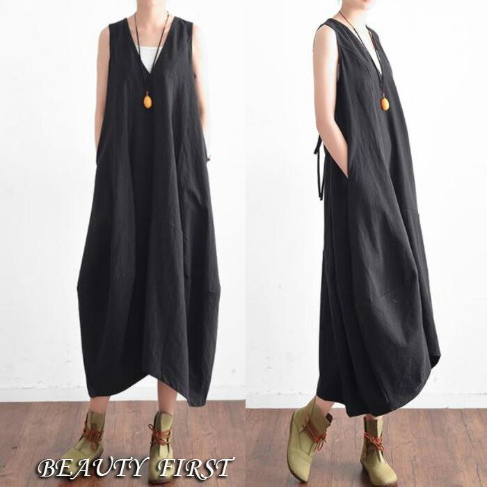 速達メール便送料無料 バック紐ノースリーブワンピース 黒ブラック 麻素材 Vネック ロング丈 マキシ丈 フリーサイズ レディース 春夏秋 バルーン ワンピース Ansnv Beauty First 通販 Yahoo ショッピング