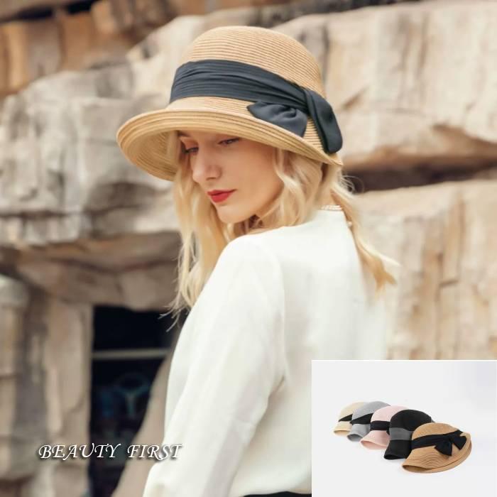黒リボン帯麦わら帽子 レディース ハット 帽子 麦わら帽子