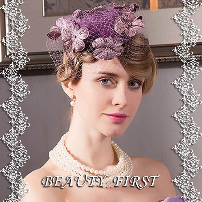 パープル小花チュール付きヘッドドレス 礼装帽子 トークハット 紫 