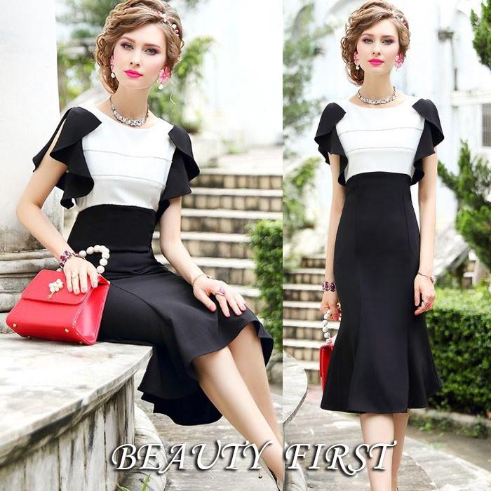 まとめ買い歓迎 バイカラーマーメイドラインワンピース レディース ワンピース 半袖 膝丈 バイカラー フリル 今だけ限定価格 Uyguntasarim Com