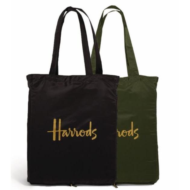 【正規品】 Harrods ハロッズ ロゴ入り折り畳みシンプルショッピングバッグ トートバッグ エコバック 黒ブラック カーキ緑