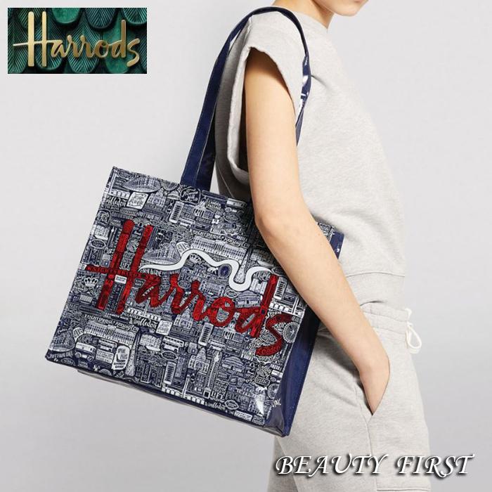 【正規品】 Harrods ハロッズ 大きめロゴ入りネイビーショッパー(横長) ファスナータイプ 大容量 撥水 総柄 大人 カバン サブバッグ