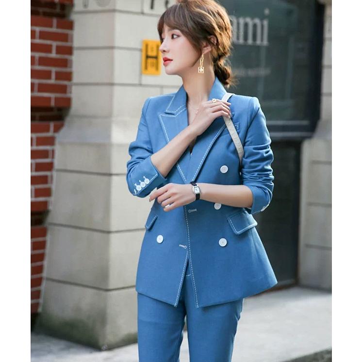 ブルー系白ボタンパンツスーツ テーラードジャケット 長袖 レディース  