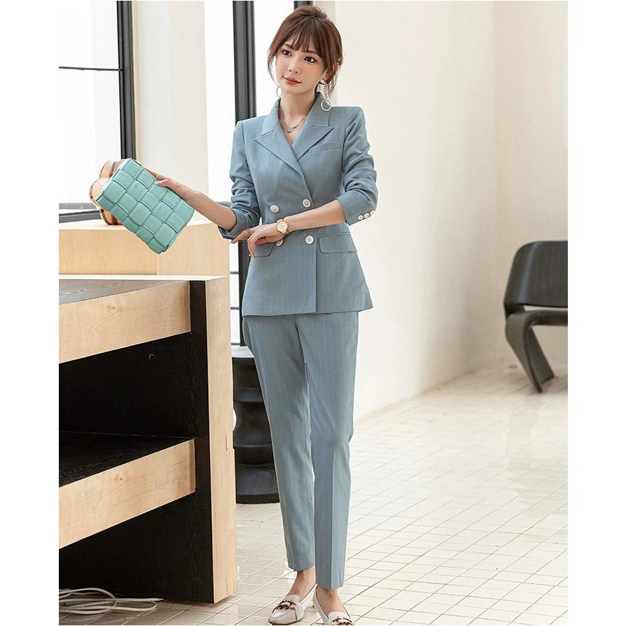 ストライプテーラードパンツスーツ レディース ブルー系青 グレー  