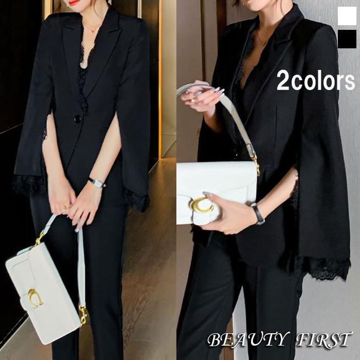 袖スリットレース付きパンツスーツ レディース スーツ 長袖 テーラードジャケット レースパイピング 黒ブラック 白ホワイト パンツスーツ 長ズボン スラックス Ikipo2 Beauty First 通販 Yahoo ショッピング