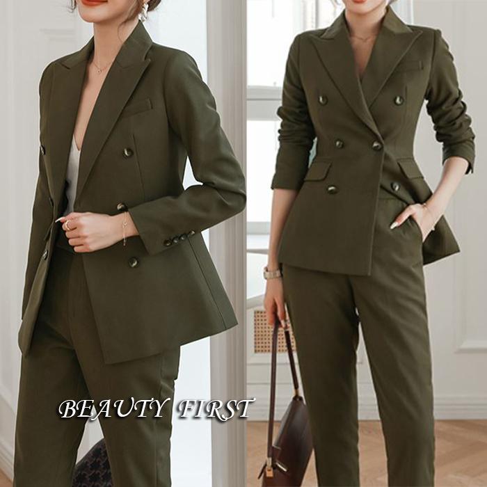 カーキテーラード調パンツスーツ レディース 長袖 テーラード パンツスーツ 長ズボン スラックス カーキ緑 大人 美シルエット 美ライン オフィス 仕事 Ikiqk Beauty First 通販 Yahoo ショッピング