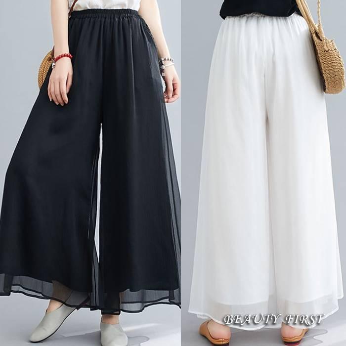 速達メール便送料無料 ゆったりワイドパンツ 黒ブラック 白ホワイト レディース ボトムス ズボン パンツ ワイドパンツ 春夏 シフォン カジュアル 普段着 Iksp2 Beauty First 通販 Yahoo ショッピング
