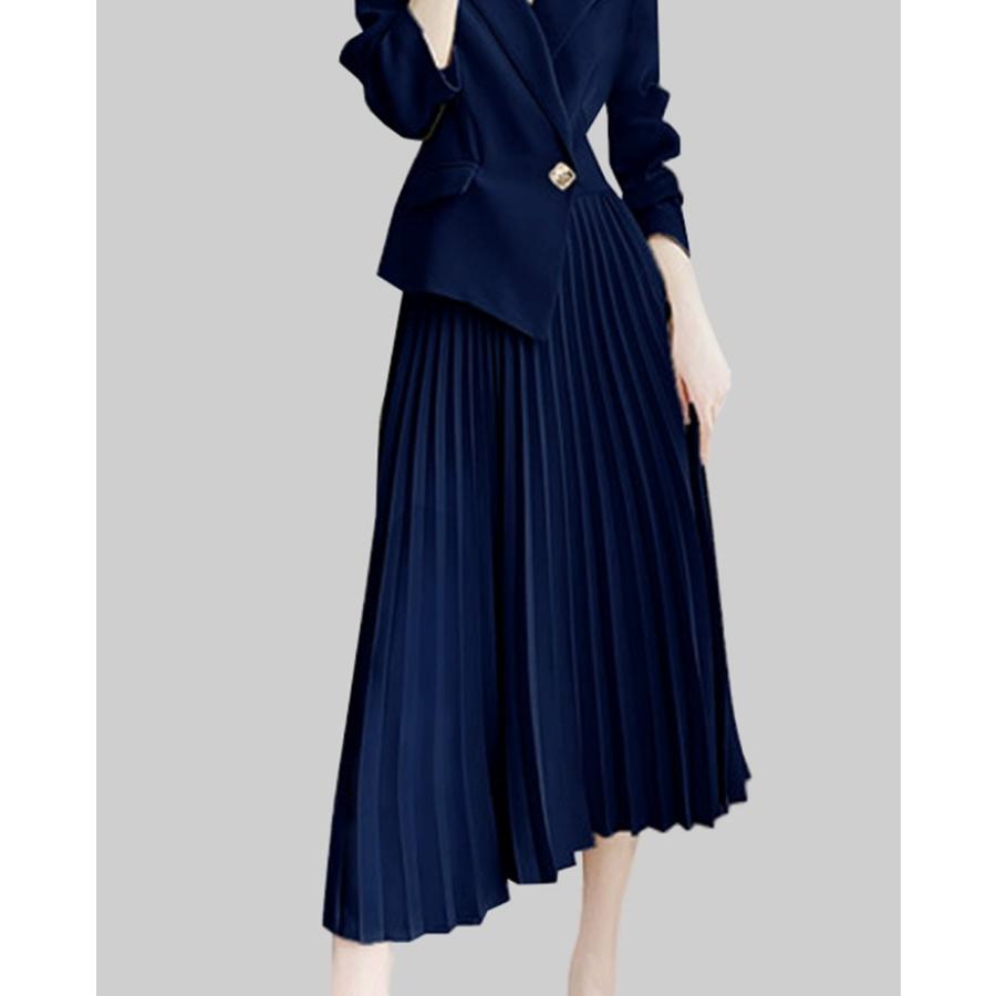 アシンメトリープリーツワンピース ドッキングジャケット スーツ風  