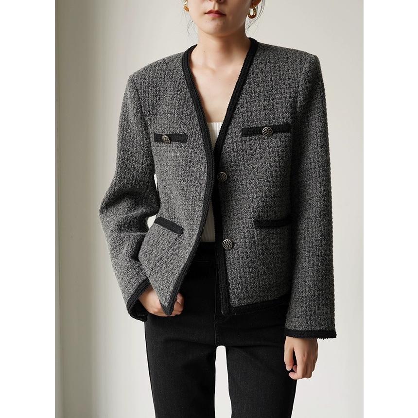 【新品　高級品】REGENCEノーカラージャケット　ツイード　青　春服　9号　M セール】 ツイードノーカラージャケット （ノーカラージャケット