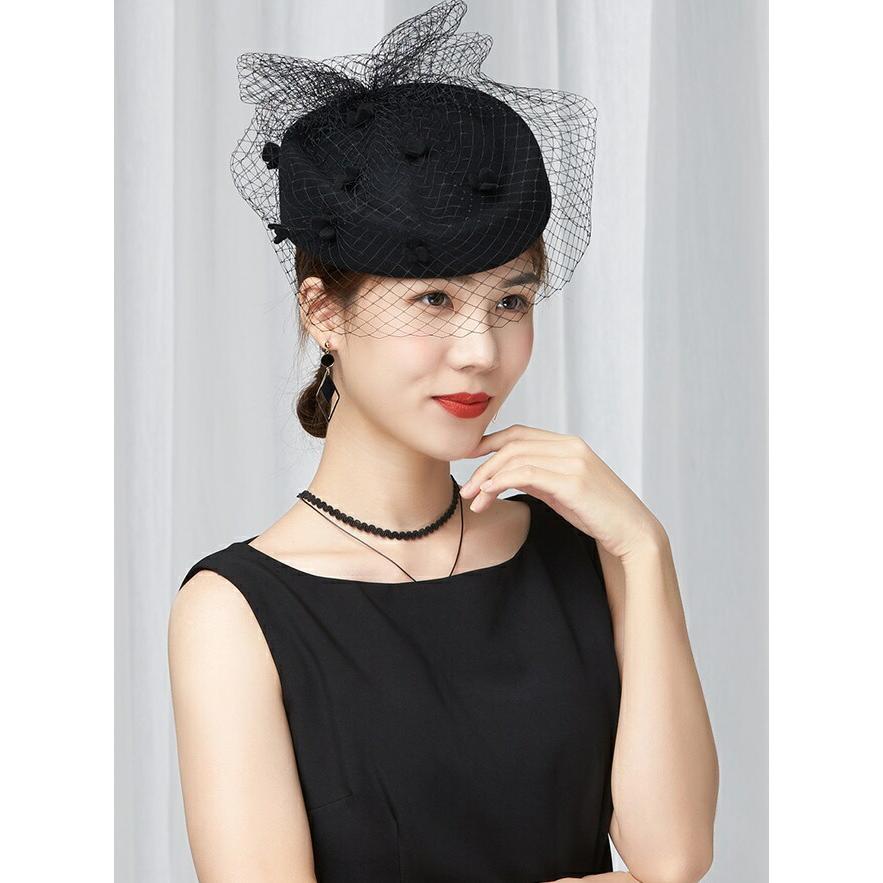 花びら飾り付き楕円形トーク帽 帽子 ヘッドドレス チュール付き  