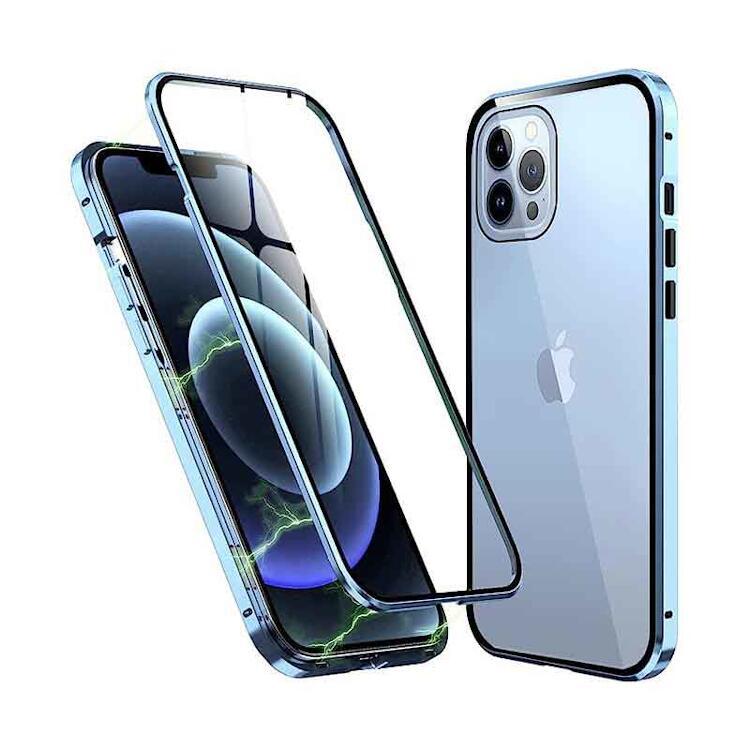 iPhone 14 Pro ケース 両面ガラスケース スマホケース A ブルー Case 