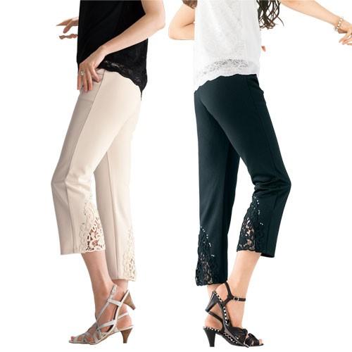 クロップドパンツ レディース 春夏 レースデザインクロップドパンツ 2色組 婦人服 ミセス シニア サマーパンツ 50代 60代 70代 80代　fri　p13779