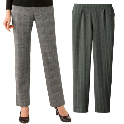 ストレッチパンツ レディース シニア 秋冬 ウール調ラクのびパンツ（2本組） 選べる股下丈 ボトムス 婦人服 ミセス グレー系 ストライプ グレンチェック シニアファッション 40代 50代 60代 70代 80代  母の日 お母さん 秋物 冬物　fri　p16045　p24041　p24974 ストレッチパンツ レディース シニア 秋冬 ウール調ラクのびパンツ 2本