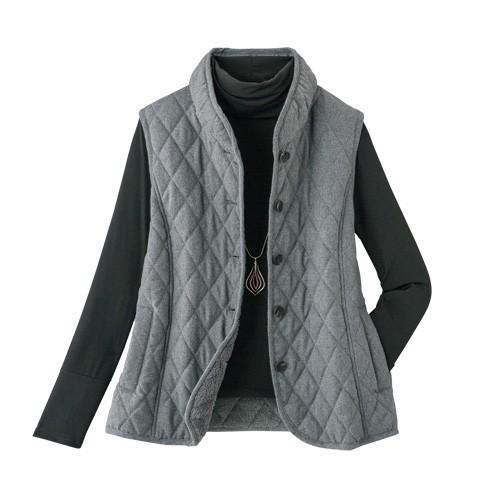 秋冬 杢調裏ボアベスト グレー アウター レディース 婦人服 ミセス シニア トップス 防寒 あったか 前ボタン キルト キルティング