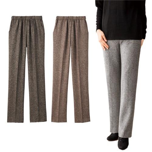 ツイードパンツ レディース グレー ブラウン ベージュ ストレートパンツ 秋冬 日本製 ウール混 全3色 選べる股下丈 婦人服 ミセス シニア