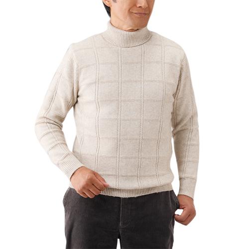 セーター ニット メンズ 秋冬 裏シャギー格子柄タートルネックセーター