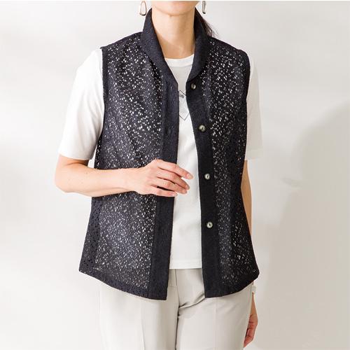 ベスト 前開き レディース 日本製 レース使いベスト ブラック 婦人服