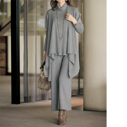 セットアップ デザインニット3点セット グレー ハイネックトップス セミワイドパンツ ドレープベスト レディース 婦人服 ミセス シニア 女性 無地 シンプル 上品 長袖 プルオーバー パンツ ベスト ファッション 40代 50代 60代 70代 80代 母の日 お母さん 秋冬　nss　p25018 デザインニット3点セット セットアップ グレー ハイネックトップス