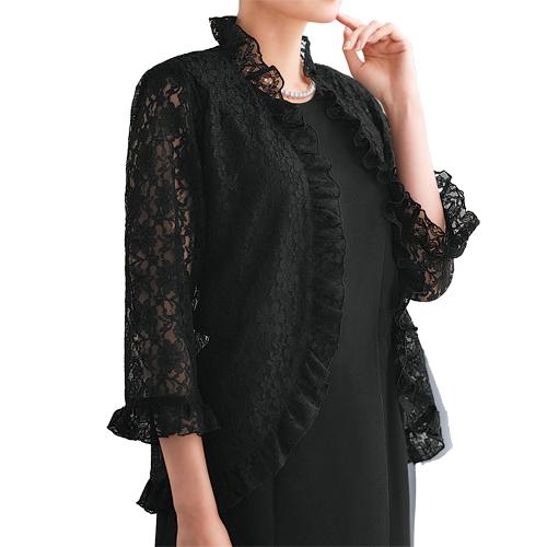 喪服　ストレッチアンサンブルブラックレースボレロセット 喪服 礼服 日本製 フォーマル総レースボレロ ブラックフォーマル 七分