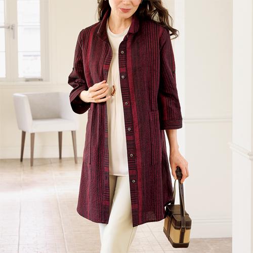 日本製 久留米織チュニックブラウス レッド 赤系 ロング丈 五分袖 ブラウス レディース 婦人服 ミセス シニア 女性 ストライプ 和風 5分袖 コットン 久留米織り しじら織り シニアファッション 40代 50代 60代 70代 80代 90代 母の日 お母さん 春物 夏物 春夏　nss　p26890 日本製 久留米織チュニックブラウス レッド 赤系 ロング丈 五分袖