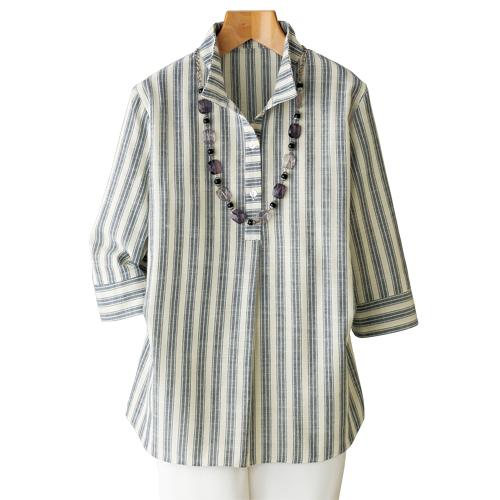 ポイント配色ストライプシャツ 水色 濃紺系 バンドカラーシャツ