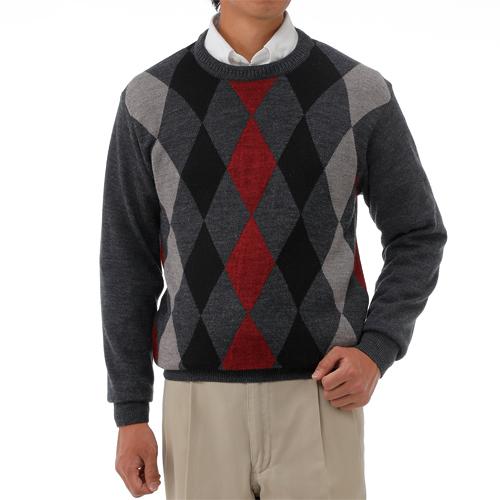 ショットアロー 日本製 ダイヤ柄 クルーネックセーター 全2色 ニット セーター ウール混 丸首 グレー 毛混 メンズ 紳士服 シニア 男性 大人 灰色 上品 トラッド シニアファッション 40代 50代 60代 70代 80代 父の日 お父さん おじいちゃん 秋物 冬物 秋冬　kita　p27535 ショットアロー 日本製 ダイヤ柄 クルーネックセーター 全2色 ニット