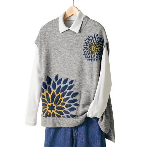 ダリア柄ジャカードニットベスト 杢グレー×ネイビー系 ニットベスト 毛混 ベスト チョッキ クルーネック レディース 婦人服 ミセス シニア 女性 大人 グレー 花柄 かわいい おしゃれ シニアファッション 40代 50代 60代 70代 80代 90代 母の日 お母さん 秋冬　nss　p27882 ダリア柄ジャカードニットベスト 杢グレー×ネイビー系 ニットベスト 毛