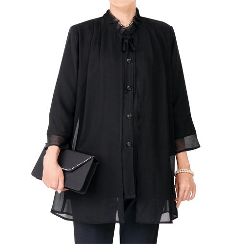 喪服 礼服 重ね着風フォーマルブラウス M L LL ブラック ブラウス 七分袖 フォーマル レディース 婦人服 ミセス シニア 女性 黒 シンプル 春夏　sowa　p28392