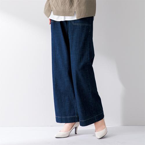 リネン混ドライタッチ デニムワイドパンツ 全2色 デニムパンツ 麻混