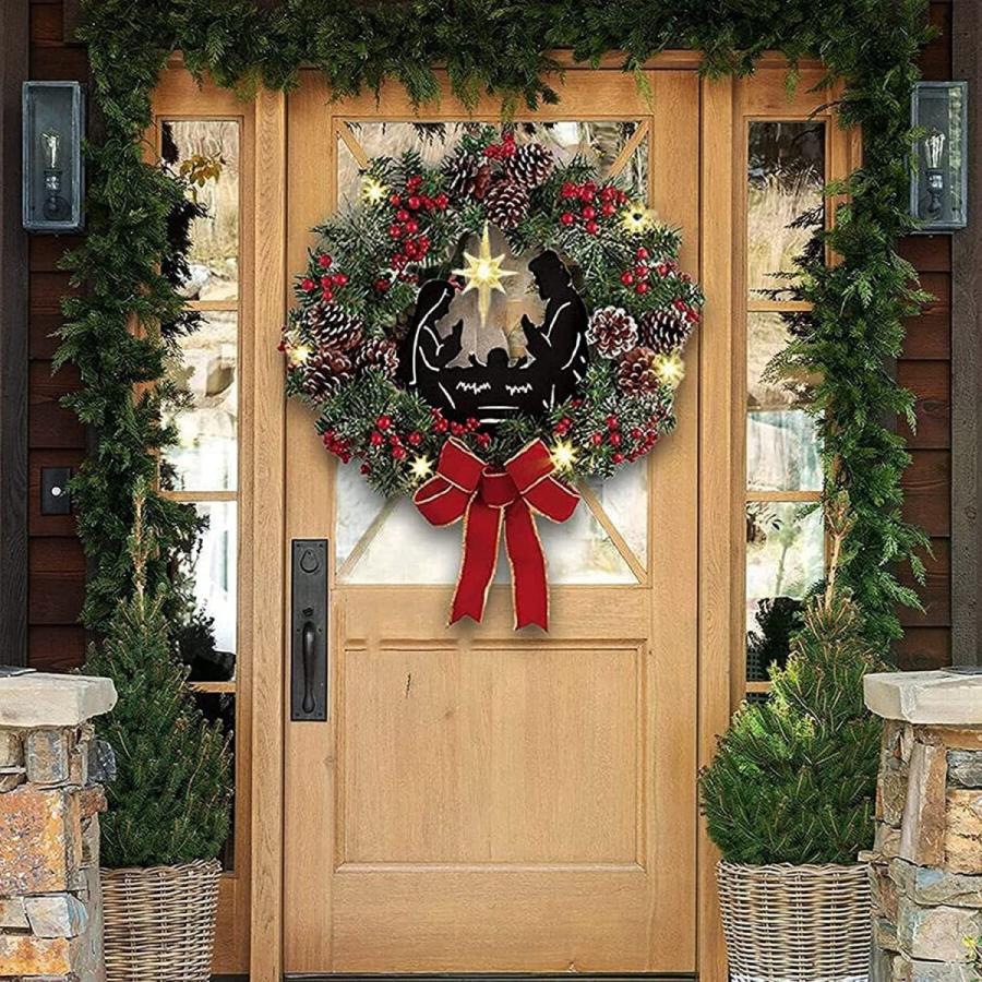 ライトと聖クリスマスリース クリスマスリース リース 家の感謝祭の装飾の外の正面玄関のためのledのクリスマスの花輪の装飾 35 35 Su0269 ビューティテック 通販 Yahoo ショッピング