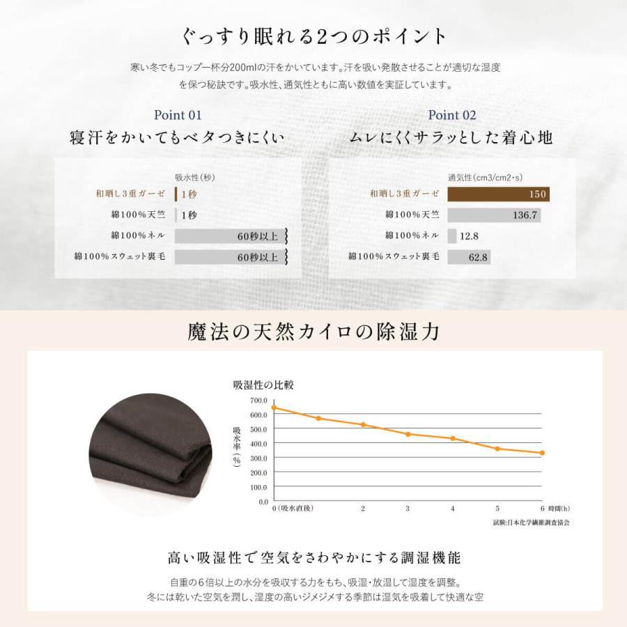 睡眠てらす あたたかいだけではない 呼吸する 3重ガーゼパジャマ リカバリー パジャマ 和晒 マオカラータイプ 血行促進 日本製 綿100% 秋 冬 春 S M L LL 3L 4Lの画像
