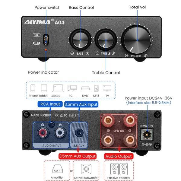AIYIMA A04 2.0/2.1 デスクトップアンプ TPA3251+NE5532 175W*2 高音・低音調整 HiFiアンプ RCA/3.5mm入力 ホーム｜beck-shop｜03