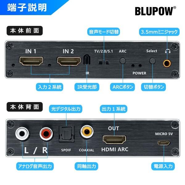 BLUPOW 4K60Hz・HDR対応 HDMI切替器 2入力1出力+音声分離（同軸・光デジタル・R/L・3.5mm音声出力搭載）｜beck-shop｜05