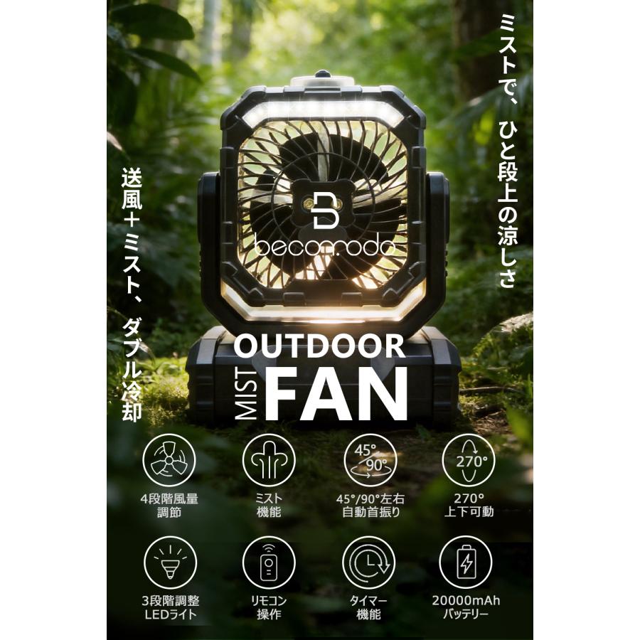 【ミスト付き多機能ファン】 アウトドア 扇風機 充電式 20000mAh バッテリー 低騒音 強風 USB Type-C リモコン LEDライト 卓上 スタンド式 吊り下げ クッリプ |  | 01