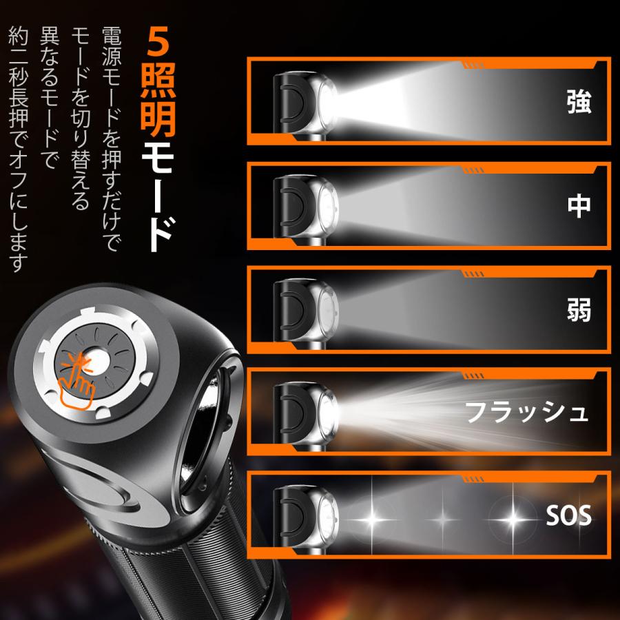Type-C充電式LED懐中電灯TH04、磁石付き・90°調整可ヘッドランプ、18650電池対応、防水・高輝度・5モードで防災やアウトドアに最適 |  | 02
