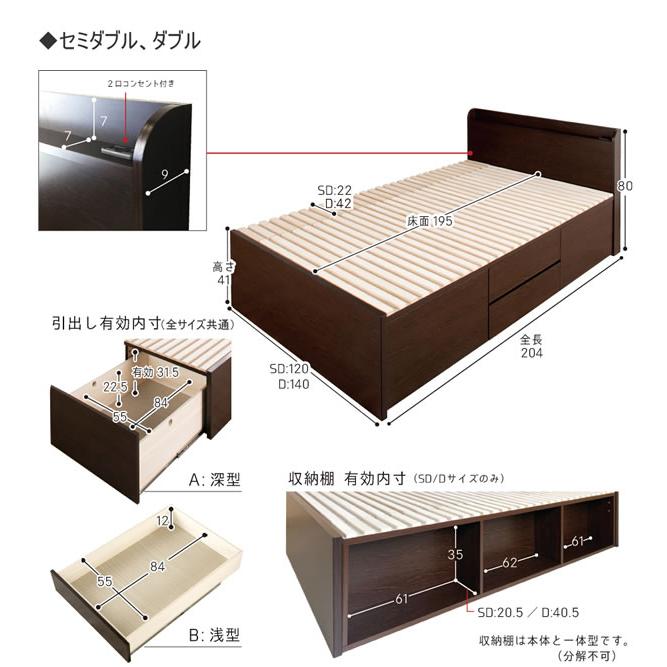 深型引き出しベッド 奥行84cm 日本製 角丸棚付き BOX構造 引き出し完成