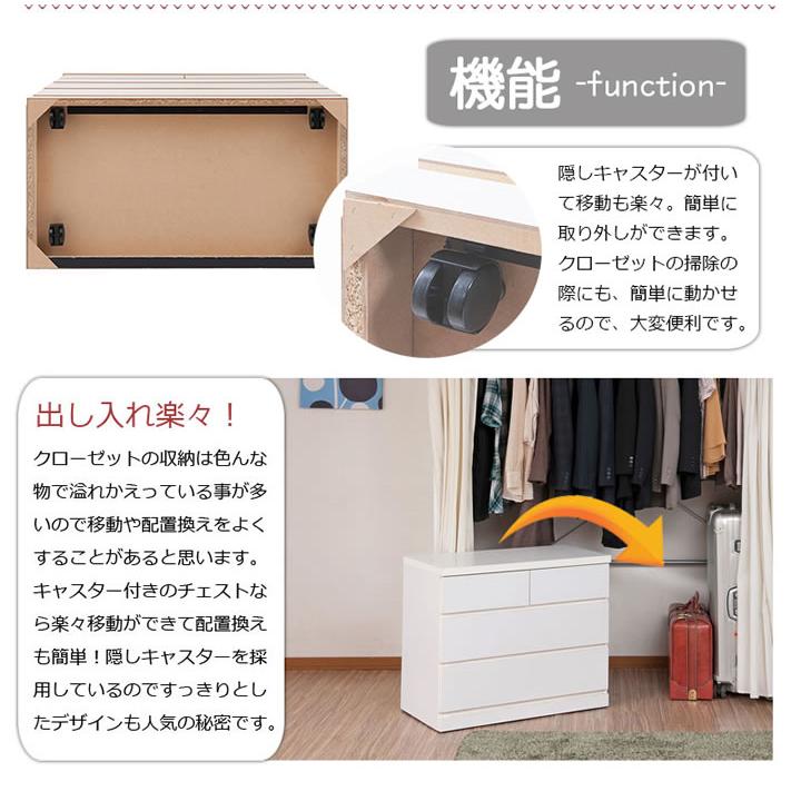 クローゼットチェスト 幅75 4段 隠しキャスター付き 白 奥行40 スリム