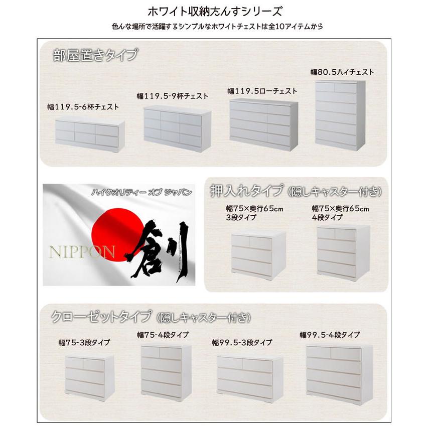 クローゼットチェスト 幅75 4段 隠しキャスター付き 白 奥行40 スリム