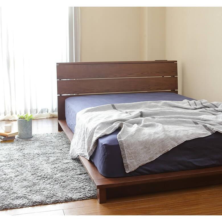 ベッド ダブル 木製 無垢材 組立設置無料 国産 2口 コンセント付