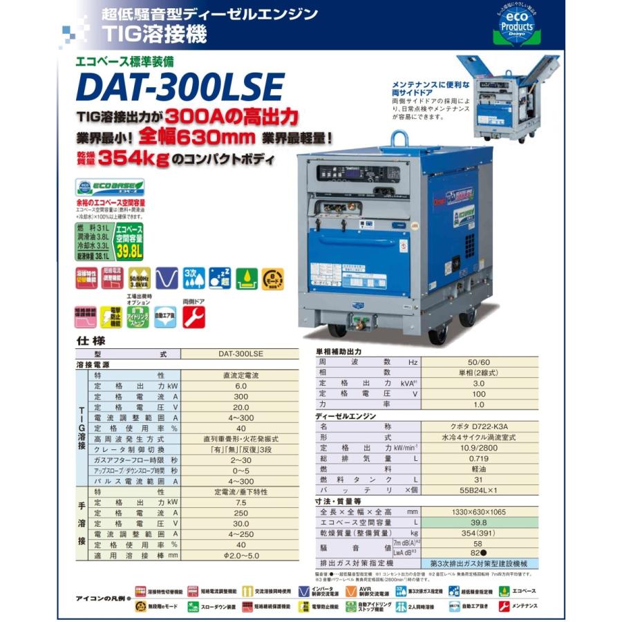 [ディーゼルＴＩＧ+交流電源]デンヨー　ディーゼルエンジンＴＩＧ溶接機　DAT-300LSE (車輪付／エコベース付)　[送料無料]｜bedream｜03