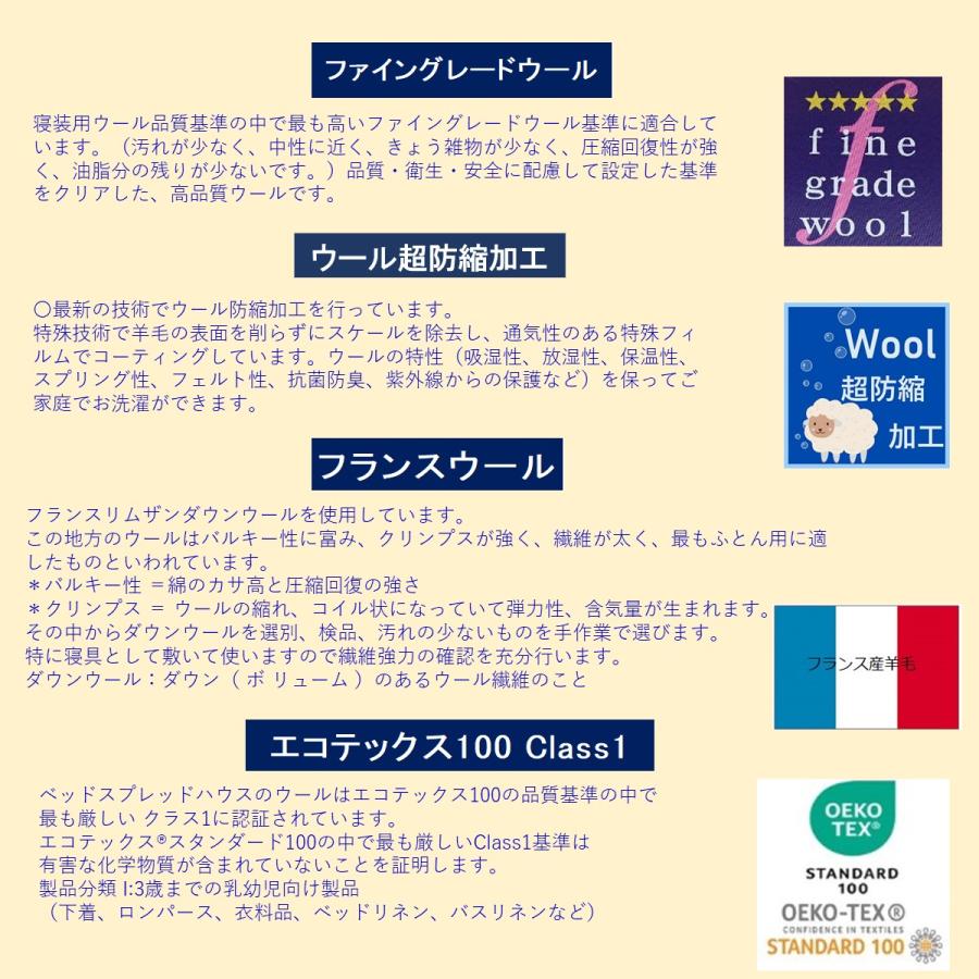 ウール(2.1kg)の特性を保って洗えるベッドパッド【コットン100%生地】ダブル140x200cm/日本製/ファイングレードウール基準、エコテックス100クラス1基準適合｜bedspreadhouse｜06