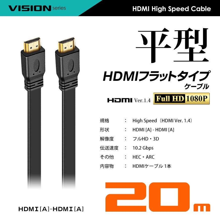 VISION HDMIケーブル フラットケーブル 20m 超薄型 平型 ハイスピード